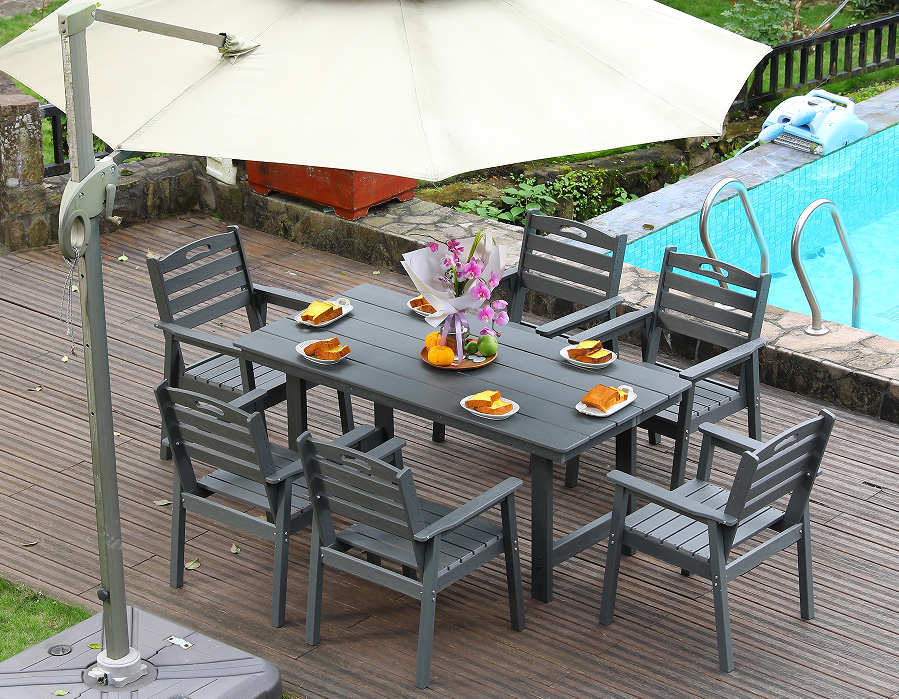 Bộ bàn ăn ngoài trời 6 món HDPE màu xám có tựa lưng ngang