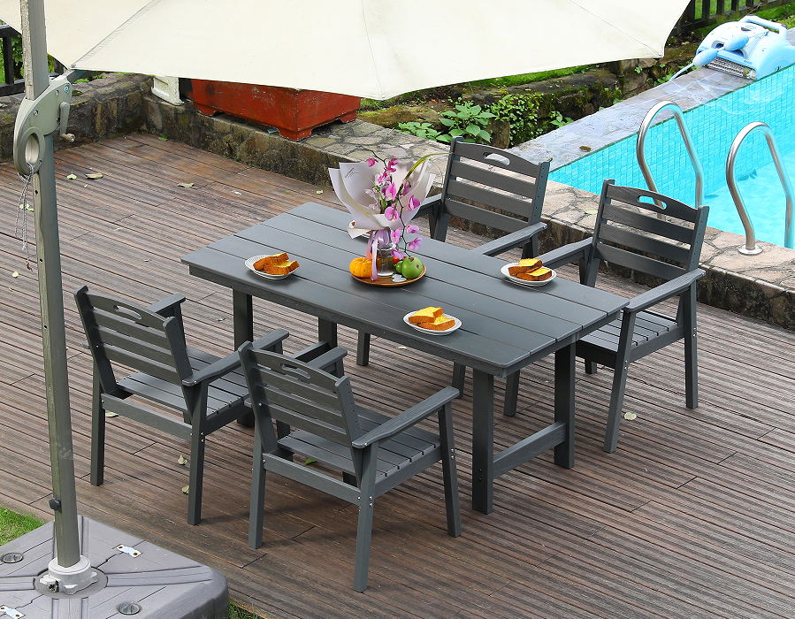 Bộ bàn ăn ngoài trời 4 món HDPE màu xám có tựa lưng ngang