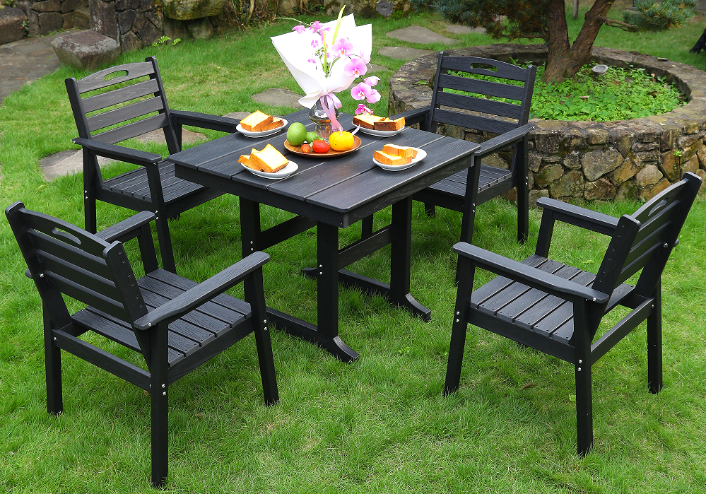 Bộ bàn ăn vuông 4 miếng HDPE màu đen tựa lưng ngang