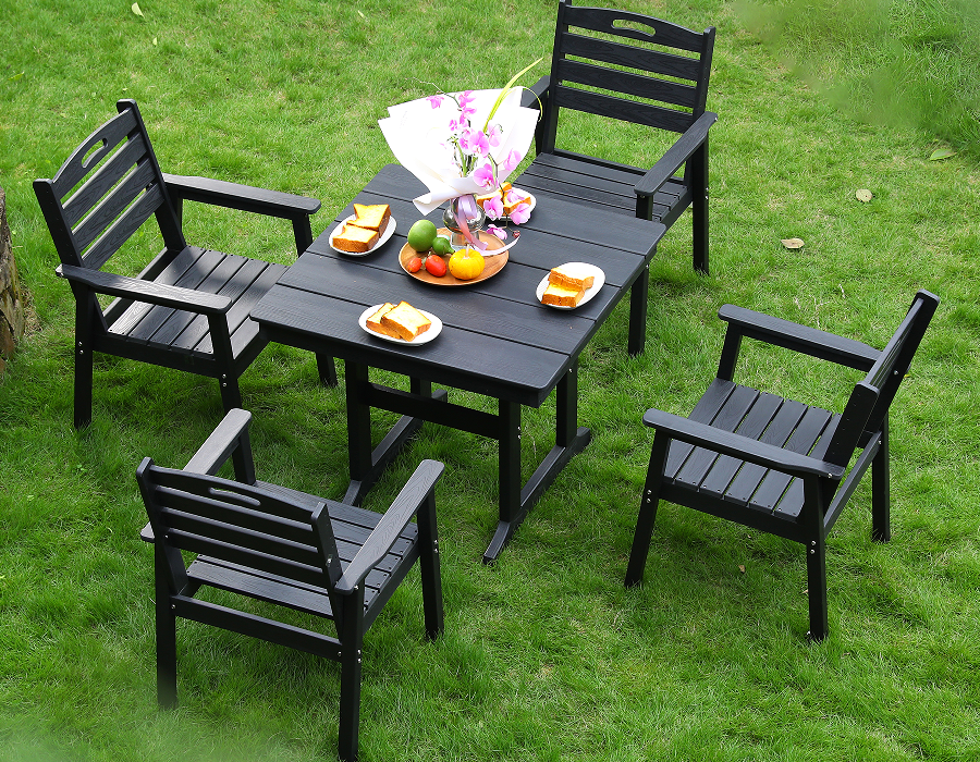 Bộ bàn ăn vuông 4 miếng HDPE màu đen tựa lưng ngang
