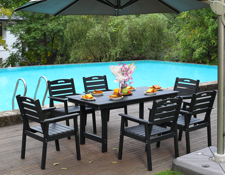 Bộ bàn ăn ngoài trời 6 món HDPE đen tựa lưng ngang