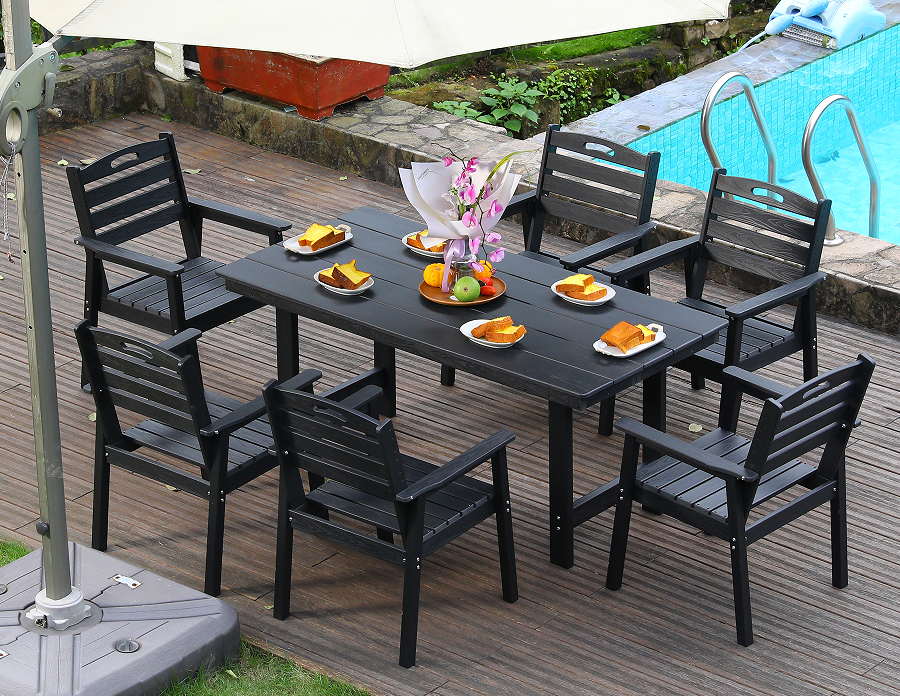 Bộ bàn ăn ngoài trời 6 món HDPE đen tựa lưng ngang
