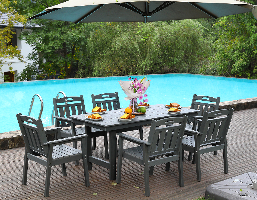 Bộ bàn ăn ngoài trời 6 món HDPE màu xám có tựa lưng dọc