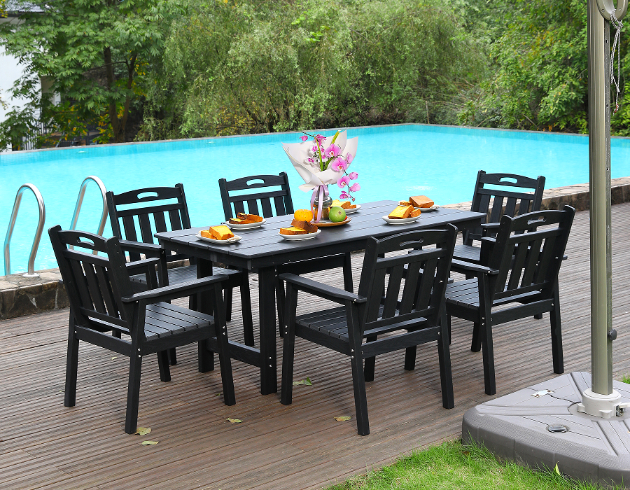 Bộ bàn ăn ngoài trời 6 món HDPE đen có tựa lưng dọc