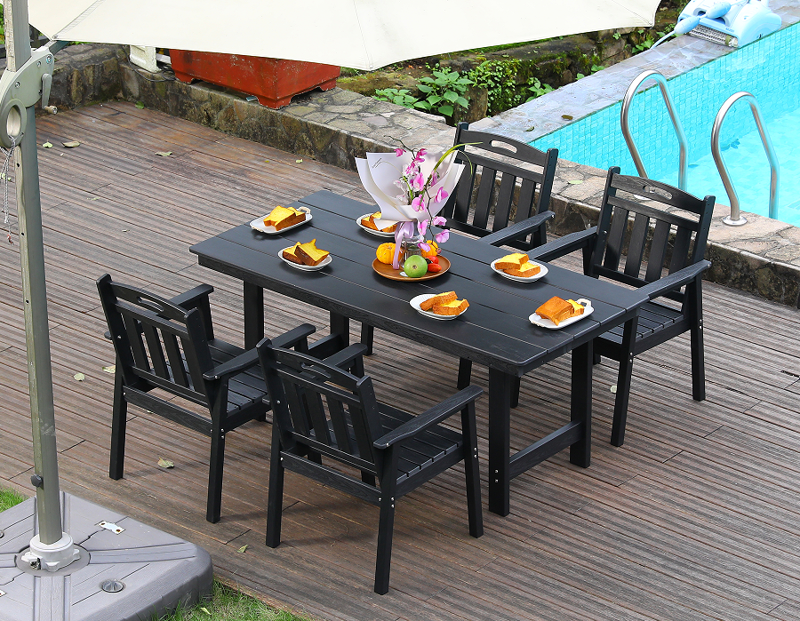 Bộ bàn ăn ngoài trời 4 món HDPE màu đen có tựa lưng dọc