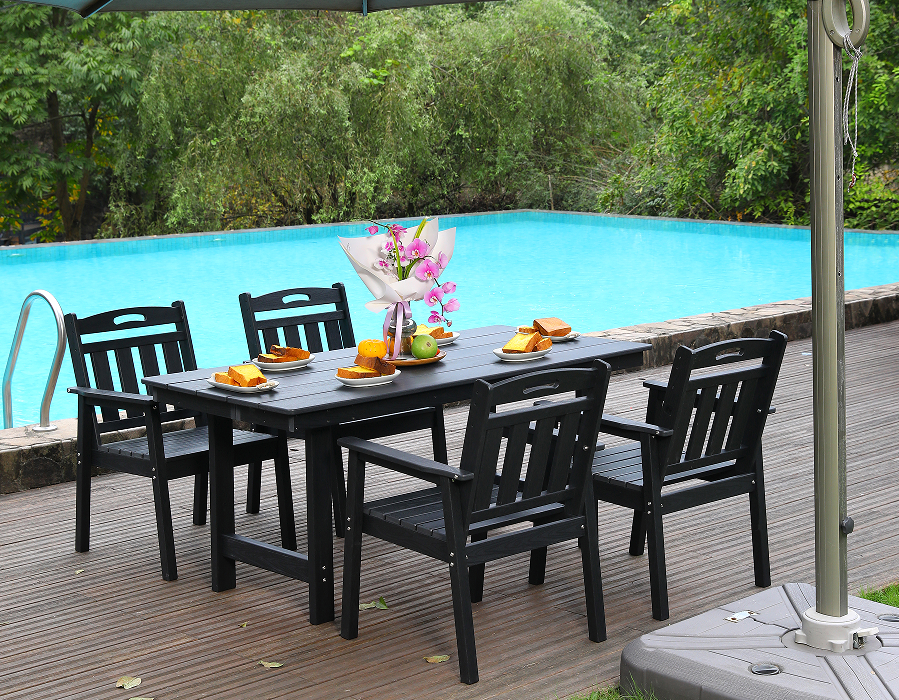 Bộ bàn ăn ngoài trời 4 món HDPE màu đen có tựa lưng dọc